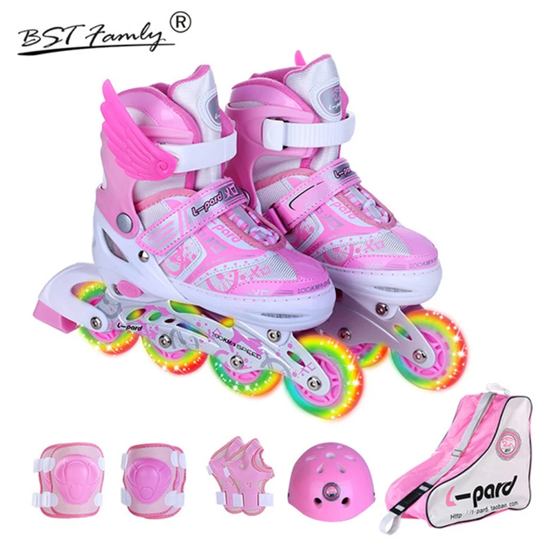 Kids'Full Flashing Roller Skate Shoes Inline Daily Street Brush Skating Adjustable Skating Patines En Linea Protective Suit IA01