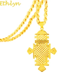 Ethlyn Unisex Ethiopian Gold Color Cross Pendant Necklace Party Wedding Traditional Jewelry P102