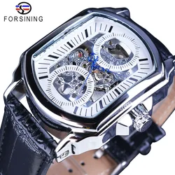 Forsining-Montre-bracelet mécanique classique pour homme, cadran blanc, aiguilles bleues, modules automatiques transparents, montres de luxe rétro, marque supérieure