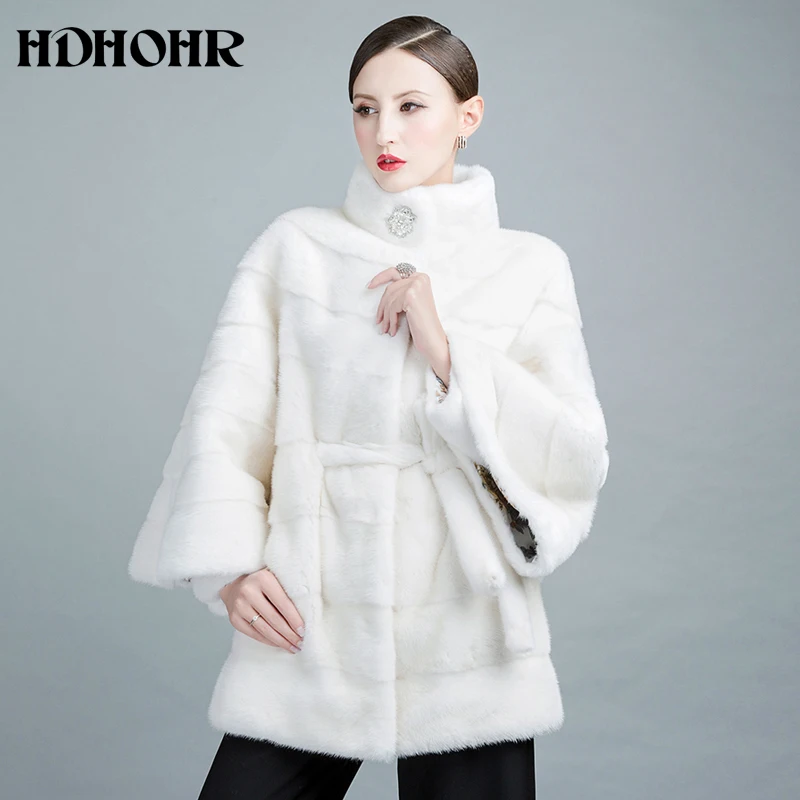 HDHOHR 2024 화이트 밍크 모피 코트, 천연 밍크 모피 코트, 벨트 포함, 진짜 스트립, 두꺼운 재킷, 여성 패션, 진짜 모피 코트, 신제품