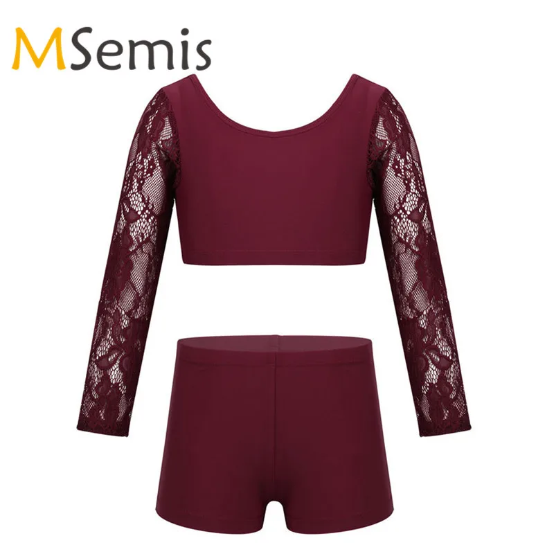 

Kids Girls Gymnastic Swimsuit Ballet Crop Top with Dance Shorts Set Two-Piece Dancewear Outfit Lace Tops for Stage Performance