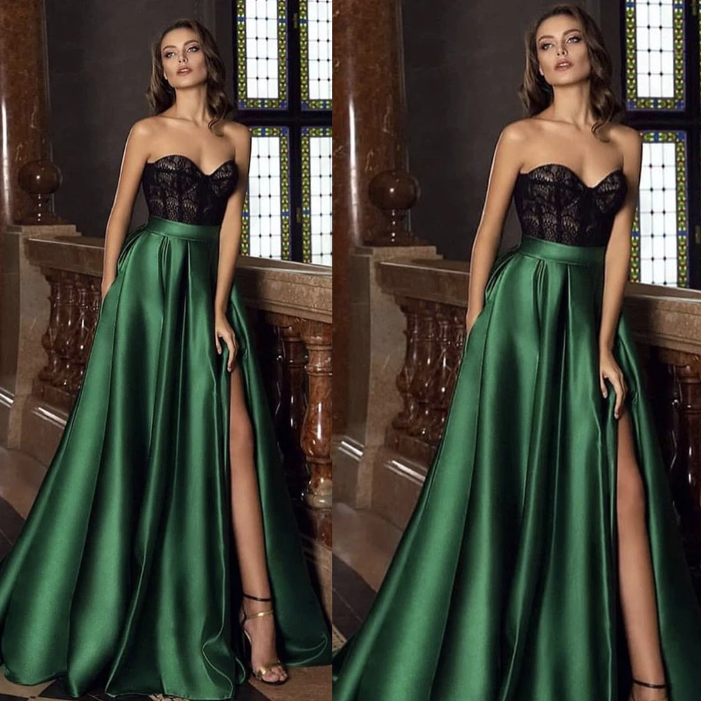 

green prom dresses 2019 sweetheart neckline lace side slit satin floor length long evening gowns arabic party dresses