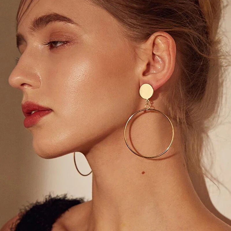 Simple Fashion Gold Silver Plated Geometric Big Round No Pierced Clip Earring for No Ear Hole Women Big Hollow Ear Clips Jewelry