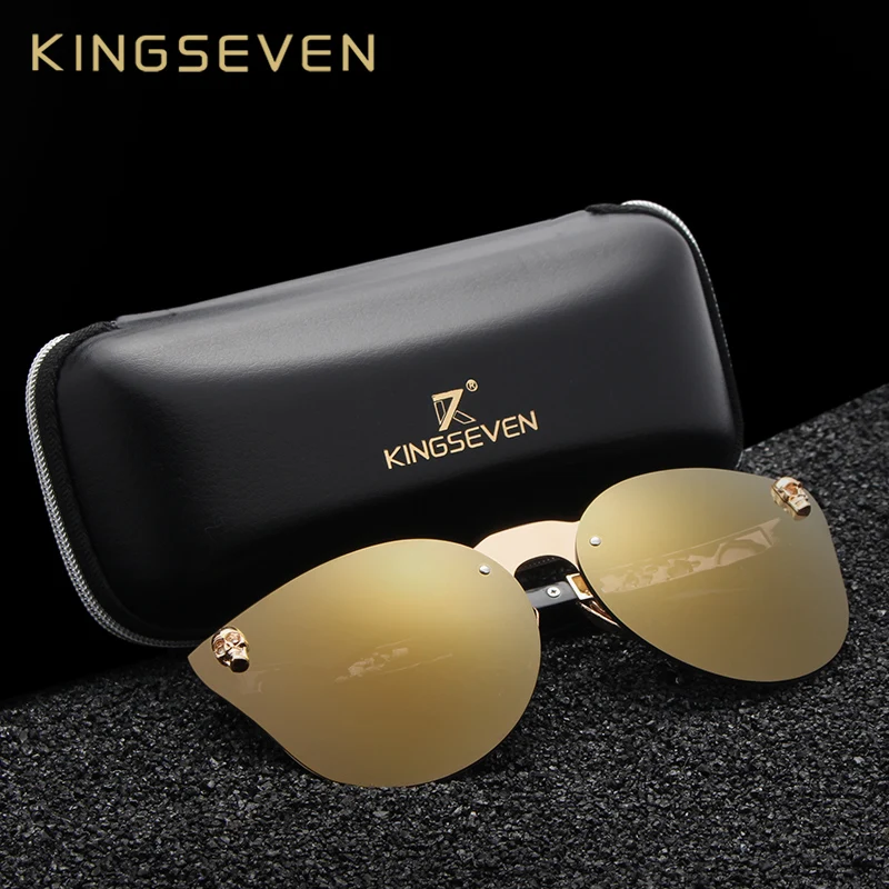 KINGSEVEN Luxury Brand Fashion Women Gothic Mirror Eyewear Skull Frame Metal Temple Oculos de sol UV400 With Accessories