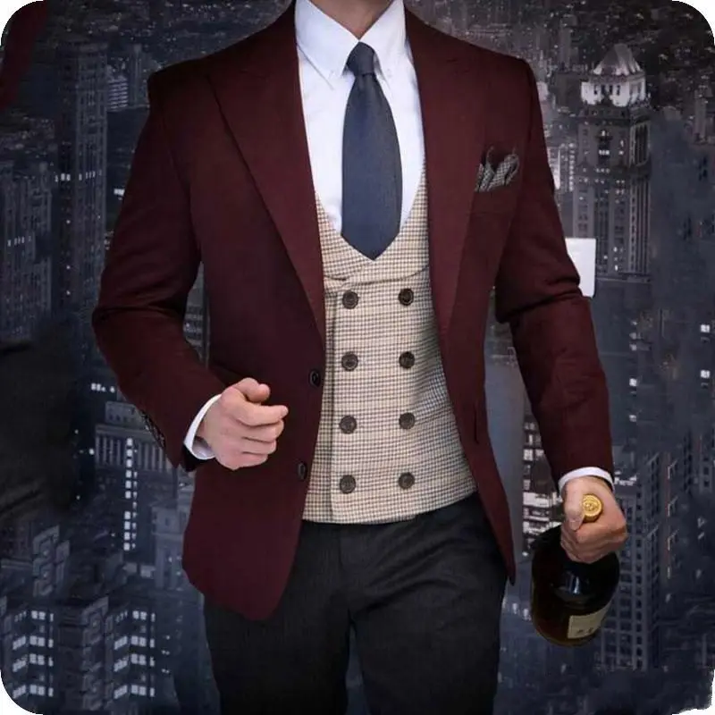 

New Arrival Two Buttons Burgundy Groom Tuxedos Peak Lapel Groomsmen Men Blazers 3 pieces Suits (Jacket+Pants+Vest+Tie) NO:312