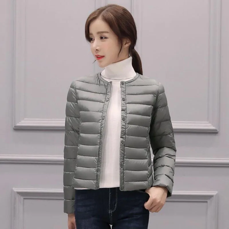 2018 Autumn Winter New Korean Light Thin Short Down Jacket Female Slim Round Neck Warm Button White Duck Down Coats