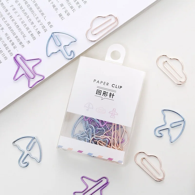 12pcs/box Electroplated Paper Clip Airplane Umbrella Cloud Shape Note Clips Kawaii Bookmark Office Shool Stationery Marking Clip