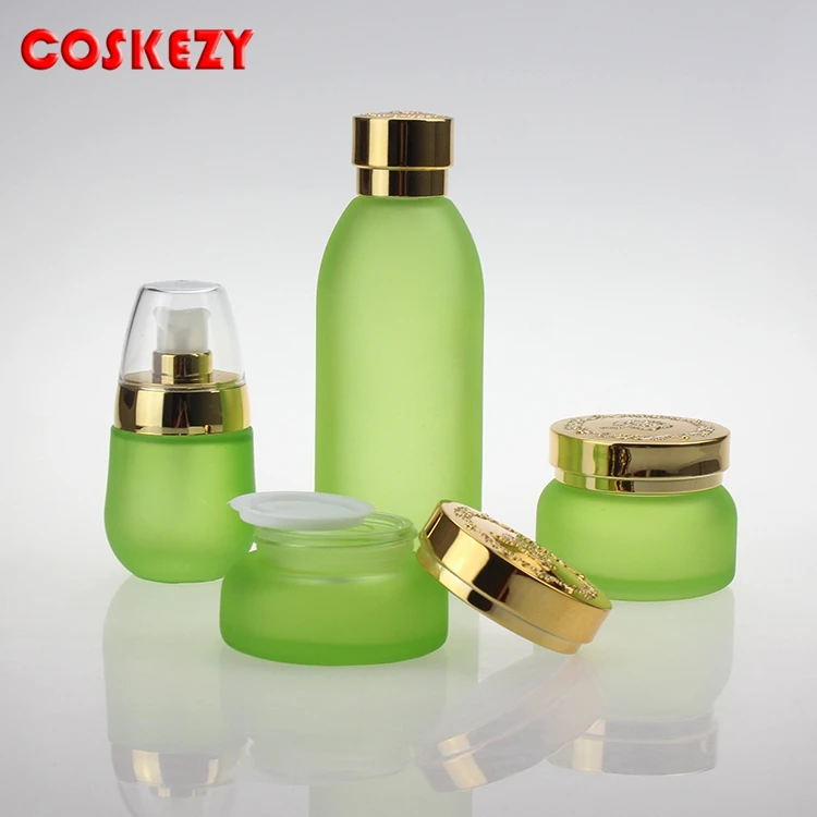 

50G green glass cream jar with gold lid and silver lids, empty cream 30g Cosmetic Packaging glass bottle in stock