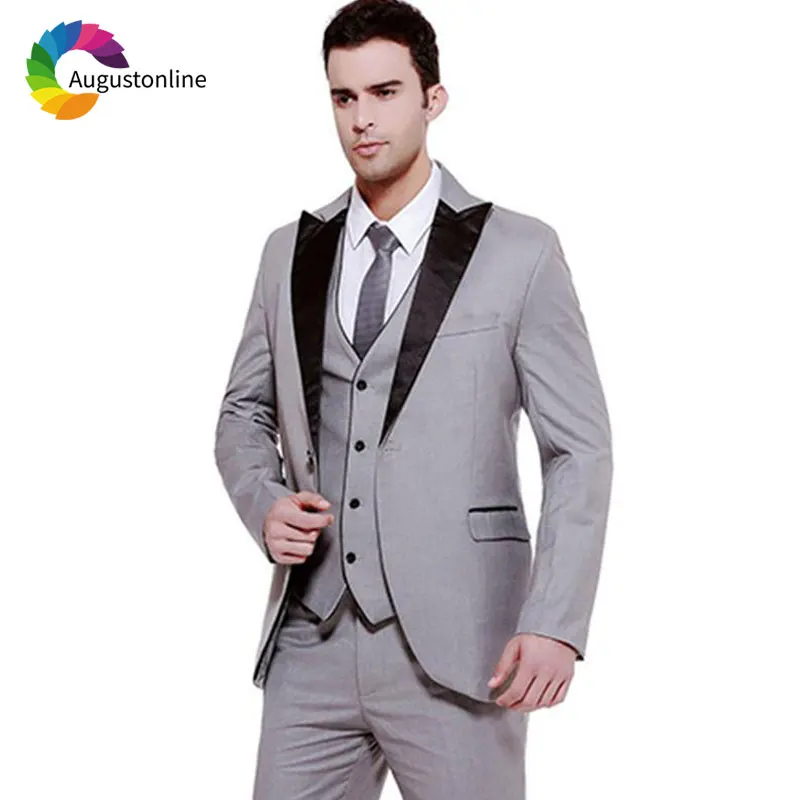 

Formal Grey Wedding Suits for Men Black Lapel Best Man Blazers Jacket Slim Fit Groom Tuxedos Best Man Suits with Pants 3 Pieces