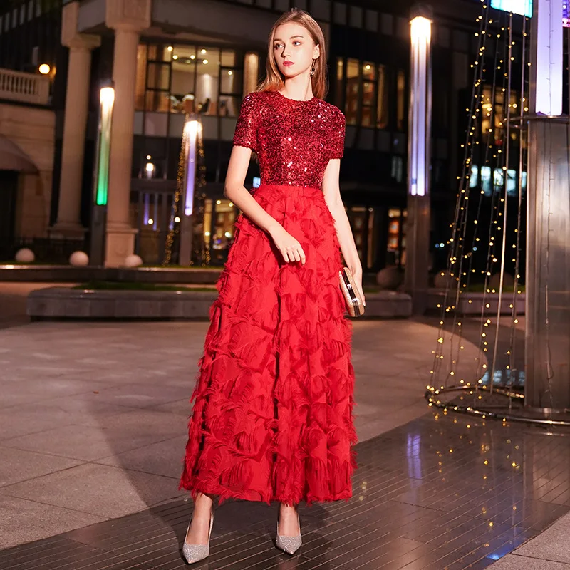 Customized Long Evening Dresses Women Elegant Sexy Lace O neck Long Evening Gown Black Sequined Dress robe de soiree WY1083