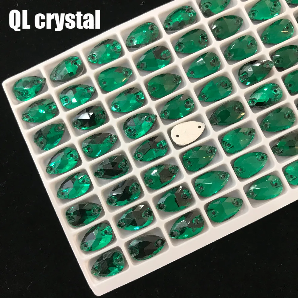 QL Crystal 2019 popular Malachite green Drops Sew On Crystals for Craft Sewing On Rhinestone 2 Holes DIY Garment Dress Making