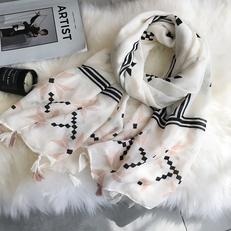 

2018 Fashion Geometry Pattern Tassel Cotton Scarf Shalws Long Geometric Hijab Wrap 10pcs/Lot Free Shipping