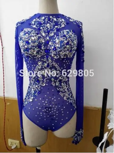 Sparkly Blue Rhinestone Sexy Outfit Dans Slijtage Verjaardagsfeestje Kostuum Stage Clubwear Turnpakje Kleding