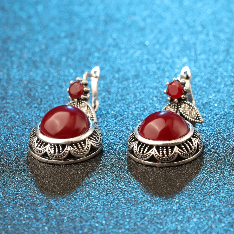 Wbmqda Hot 2018 Fashion Bohemia Red Resin Earring For Women Silver Color Vintage Jewelry Engagement Earrings Drop Shipping