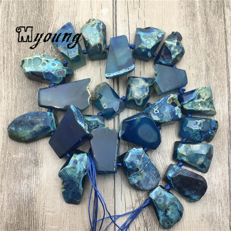 Trapezoid Shape Faceted Blue Agates Quartz Nugget Beads,Nature Stone Top Drilled Pendant Beads   MY1789