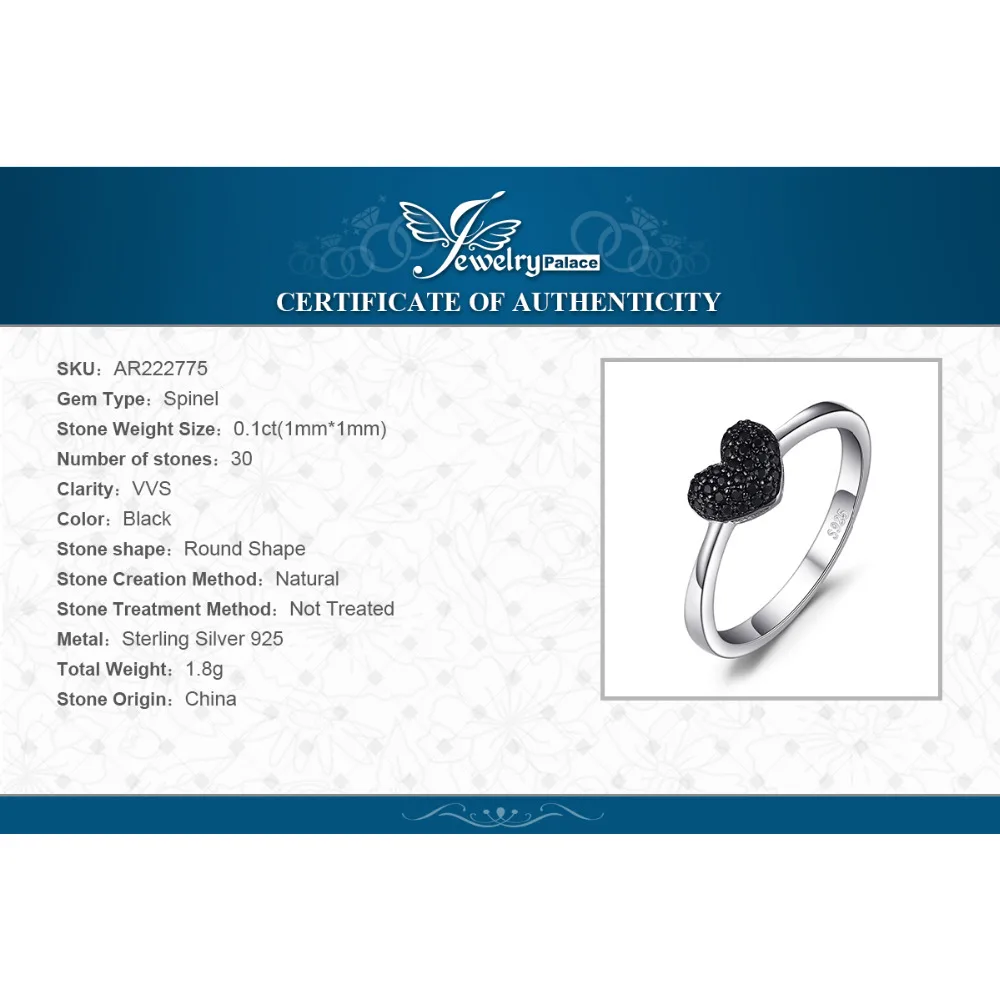 JewelryPalace Heart Love Ring 925 Sterling Silver Ring Girl Cute Natural Black Spinel Promise Ring Gemstones Jewelry for Women