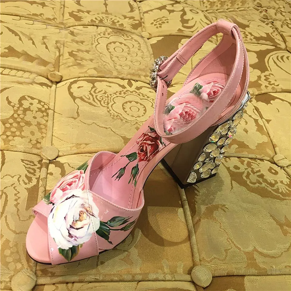 Summer Floral Printed Leather Rhinestone Chunky Heels Sandals Woman Glitter Crystal Buckle Ankle Strap Open toe Wedding Shoes