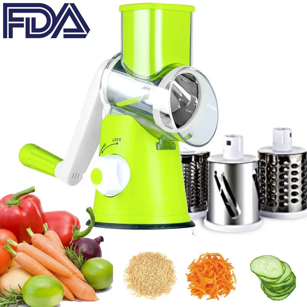 Vegetable Slicer Cheese Grater Rotary Rotary Drum Grater 3-Blades Manual Vegetable Mandoline Chopper with Suction Cup