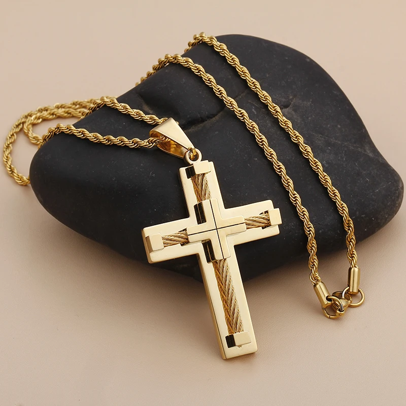 Stainless Steel Wire Chain Large Biker Cross crucifix Pendant Necklace Rope Chain Men\'s Women Punk Fashion Gift 4mm 22 inch