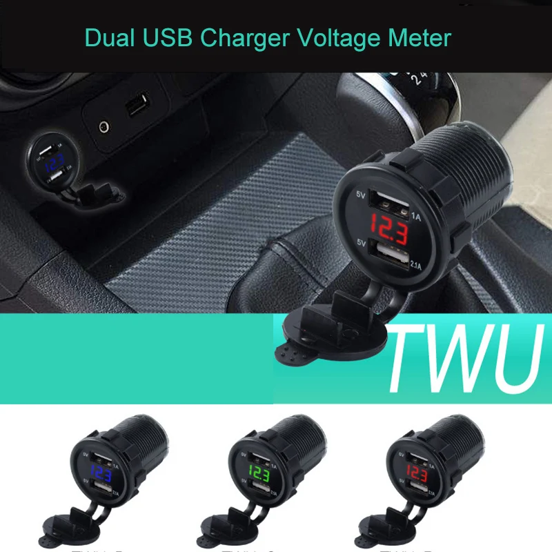 2.1A Car Motorcycle Cigarette Lighter Socket USB Charger Adapter Plug LED Digital Display Voltage Meter Watch Monitor 12v 24v