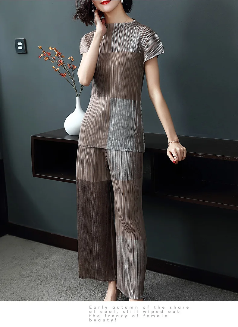 Miyake fold Autumn bronzing t-piece set  large swing short sleeve t-shirt  + Wide leg pants set  IN STOCK