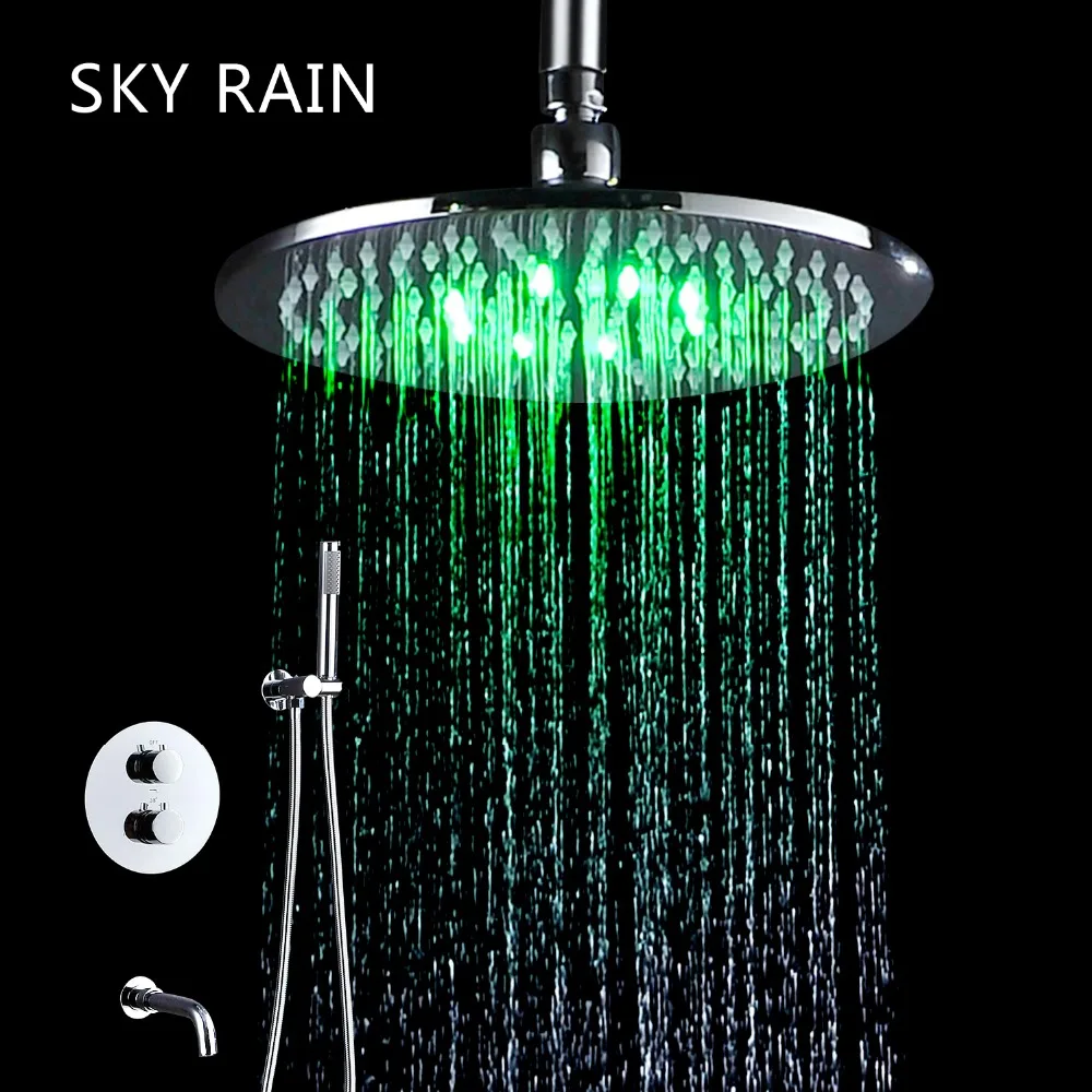 SKY RAIN Wall Mounted Round 0 inches Brass Shower Head Set Handheld Rainfall Thermostatic Mixer Valve