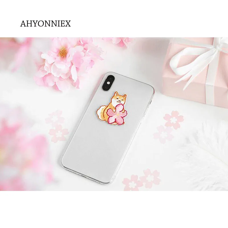 AHYONNIEX 1PC Cherry Flower Embroidery Patches for Bag Jeans Shiba Cat Rabbit Iron On Patches for Clothes Small DIY Patch Cute