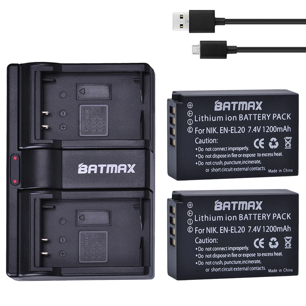 Batmax 2 Pcs 1200mAh EN-EL20 EN EL20 ENEL20 Rechargeable Li-Ion Battery + Dual USB Charger for NIKON 1 J1 J2 J3 S1 Camera