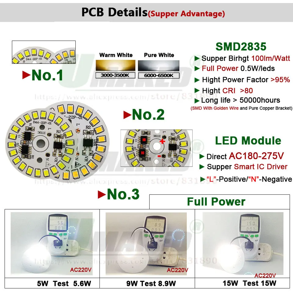 Panel de lámpara LED PCB, controlador IC inteligente, AC220V, 3W, 5W, 7W, 9W, 12W, 15W, fuente de luz de Chip SMD2835, Cable estañado de 20cm para