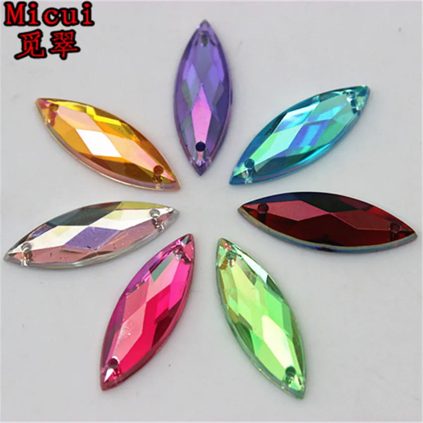 Micui 100PCS 7*21 millimetri AB Horse Eye Acrilico Strass di Cristallo della Parte Posteriore Piana Perline Cuce Sulle Pietre Per Il abbigliamento