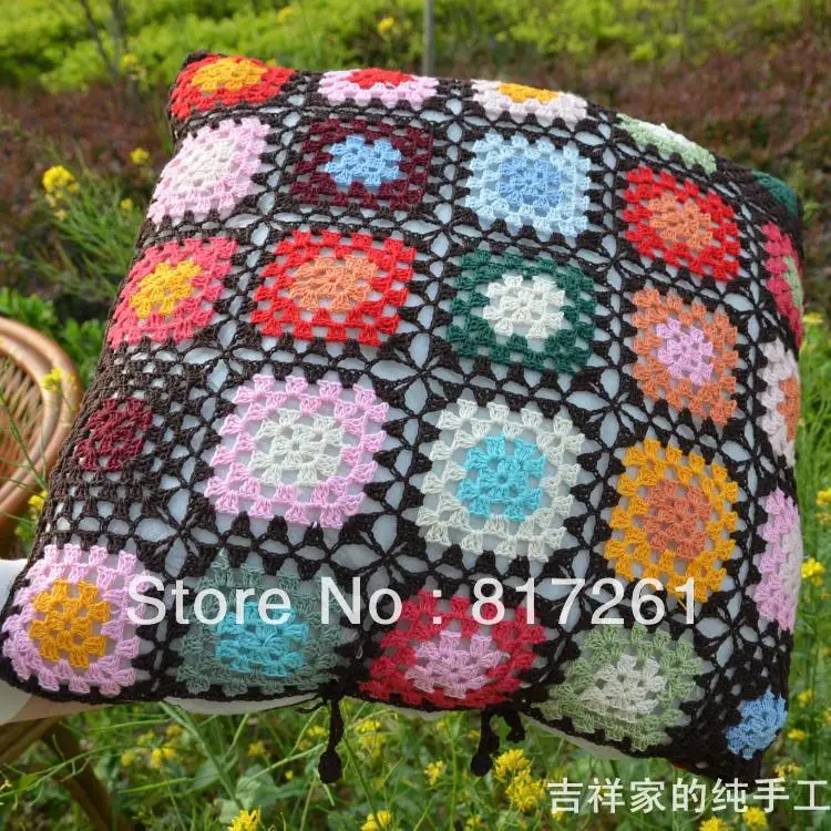 2013 new freeshiping 44 cm square  Asian style colorful corchet hook made cotton pillow cover cushion overlay as home decoration