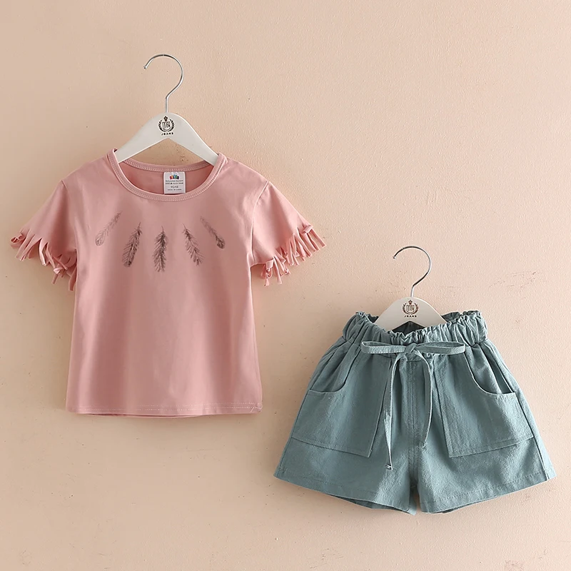 2024 Summer 3 4 6 8 10 Years Children Solid Color Cut Sleeve T-Shirt+Shorts Drawstring 2 Piece Tracksuit Kids Girl Clothing Set