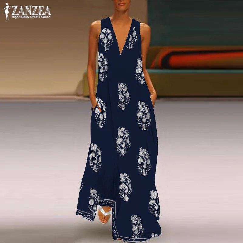 

ZANZEA 2023 Bohemian Print Dress Women's Summer Sundress Fashion Sexy V Neck Sleeveless Maxi Vestidos Female Floral Robe Femme