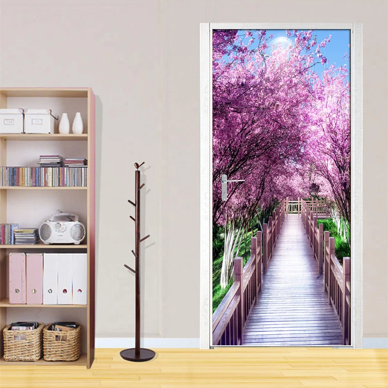 Romantic Cherry Blossom Landscape 3D Photo Wallpaper Door Sticker Mural De Parede Living Room Bedroom Decorative Door Stickers