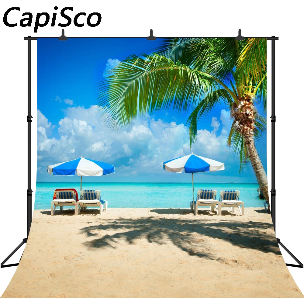 Capisco Tropical Backdrops Summer Seaside Beach Palm Tree Blue Sky Cloudy Scenic Photography Backgrounds Photocall Photo Studio