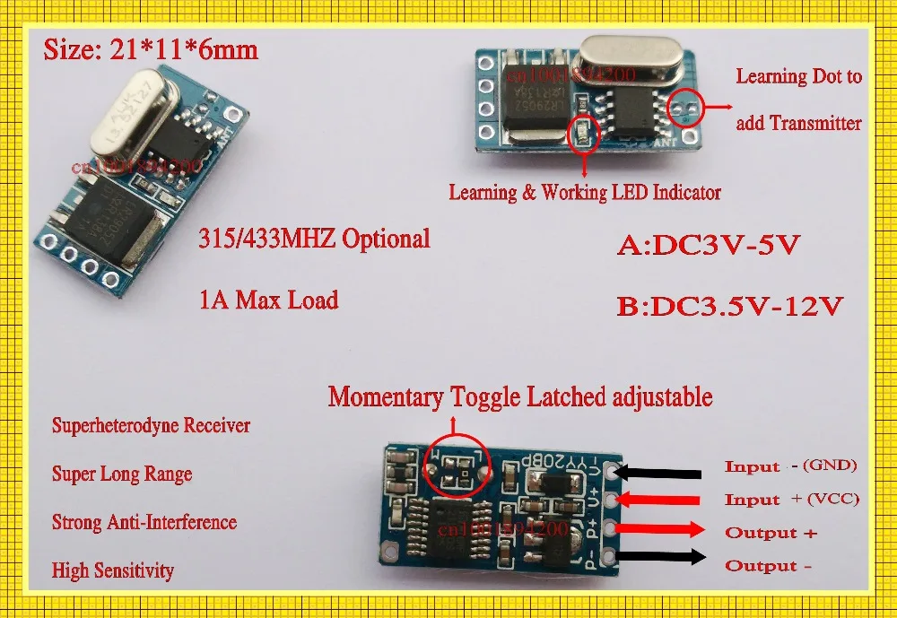 Imagem -04 - Interruptor Controle Remoto sem Fio 3v 3.7v 4.2v 5v 6v 9v 12v Tamanho Mini 1a Controle Remoto sem Voz Cotrol Interruptor 315 433 Momentâneo Alternância tx rx