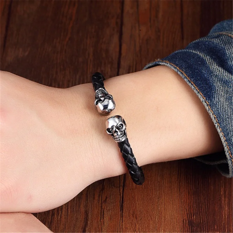 Vintage 3 Colors Skull Bangles Hand Made Top Quality Adjustable Length Stainless Steel Leather Bracelet Charm Bracelets Men Gift