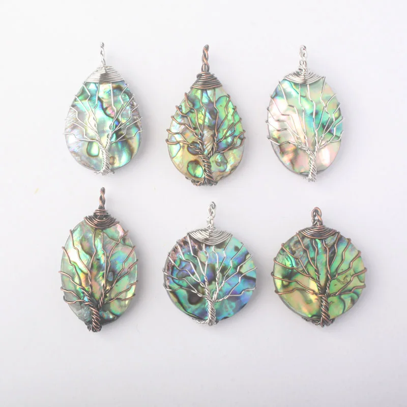 NEW Lovely Steel Wire Winding Natural Abalone Shell Water Droplets And Round Pendant 1 PCS