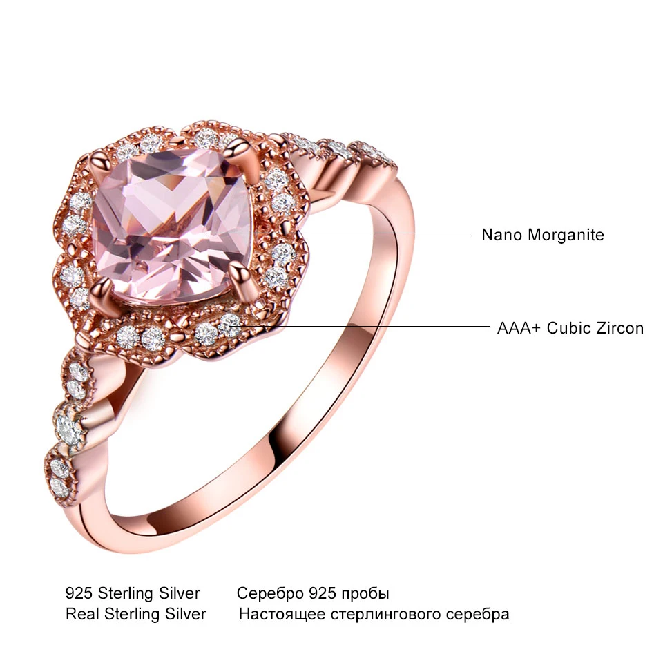 Nano Morganite Rings 925 Sterling Sliver Ring Rose Gold Plated 5A Zircon Beautiful Woman\'s Acessories