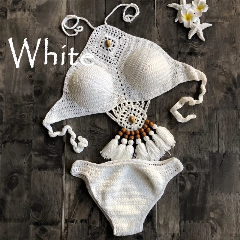 CROCHET BIKINI 2021 New Summer Women Solid Set Sexy Halter Tie Bra Swimsuit Swimwear Triangle Bather Suit Swimming Biquini