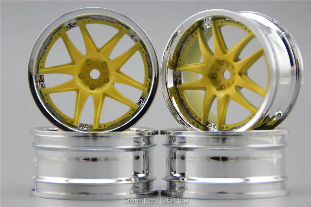4pcs 1/10 Touring&Drift Wheel Rim HD5CY(Chrome+Painting Yellow) 4mm offset fits for 1:10 Touring&Drift Car 1/10 Rim 10767
