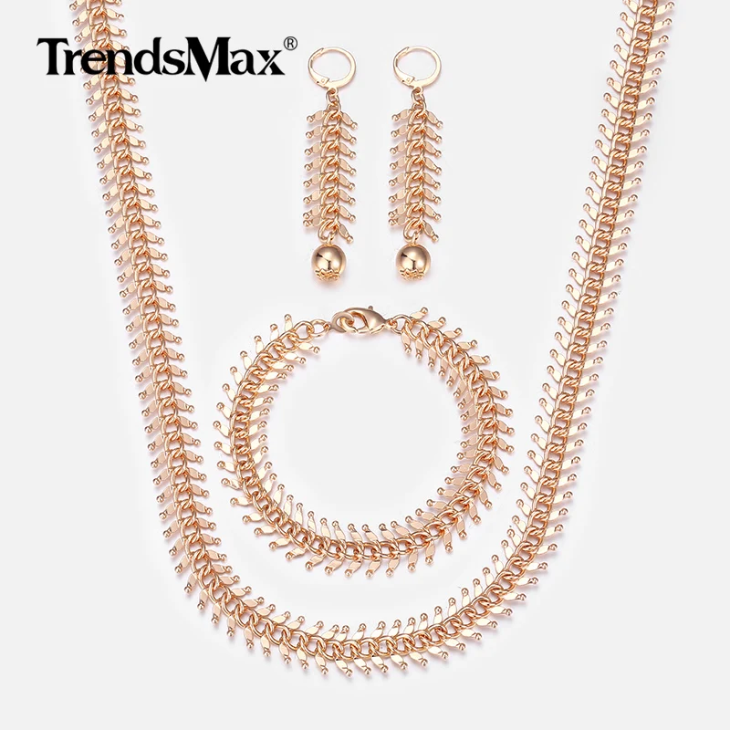 585 Rose Gold Link Chain Necklace Bracelet Earrings For Women Girls Party Wedding Jewelry Set  CSM01