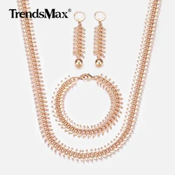 585 Rose Gold Link Chain Necklace Bracelet Earrings For Women Girls Party Wedding Jewelry Set CSM01