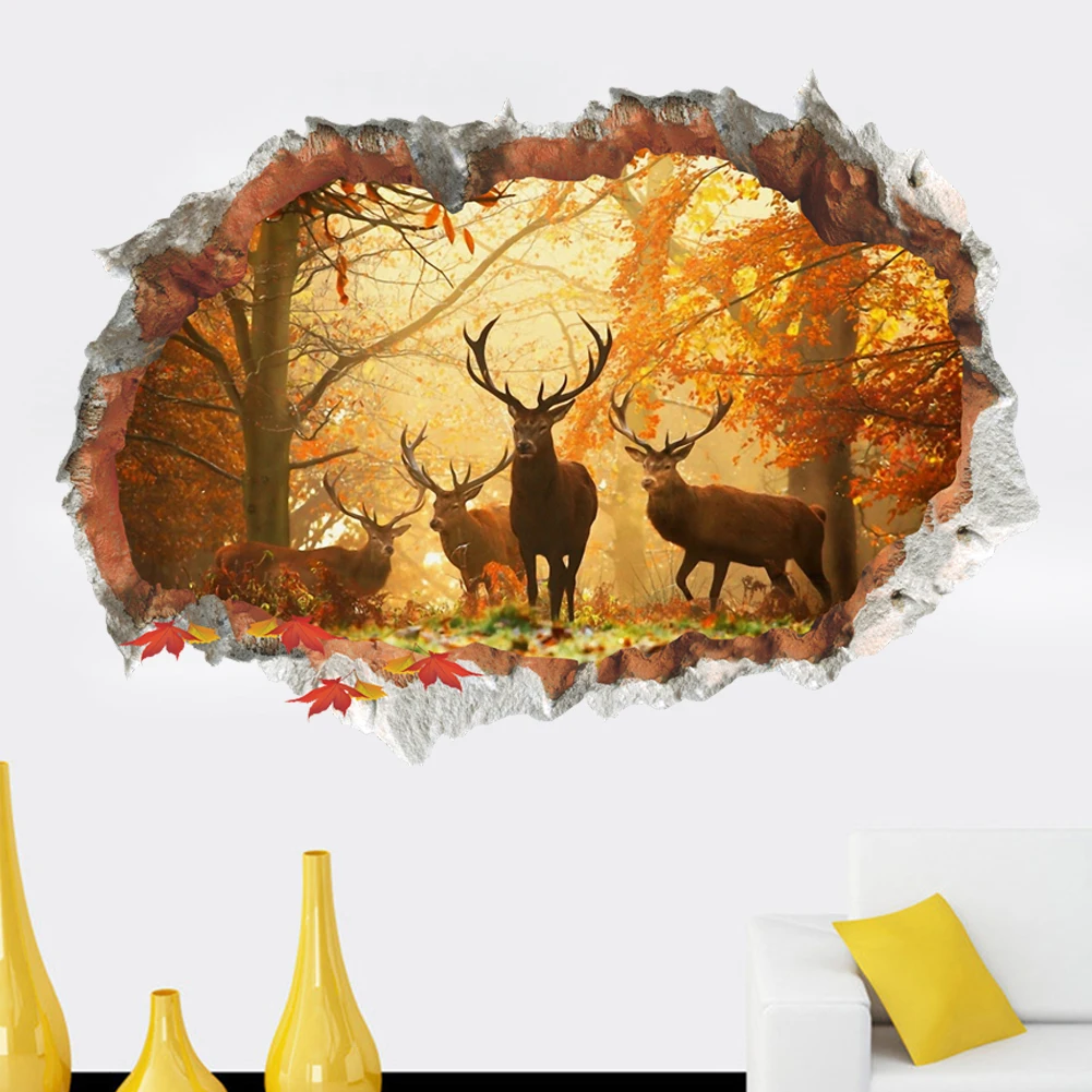 Forest Wild Deer Leaf Wall Stickers 3D Vivid broken Wall Decals Poster Mural Living Room Bedroom Home Decor