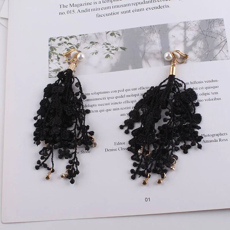 JIOFREE Fashion Clip on Earring no pierced Female Hanging Tassel Flower Fringe Statement Boho Lace Women Wedding Pendant Jewelry