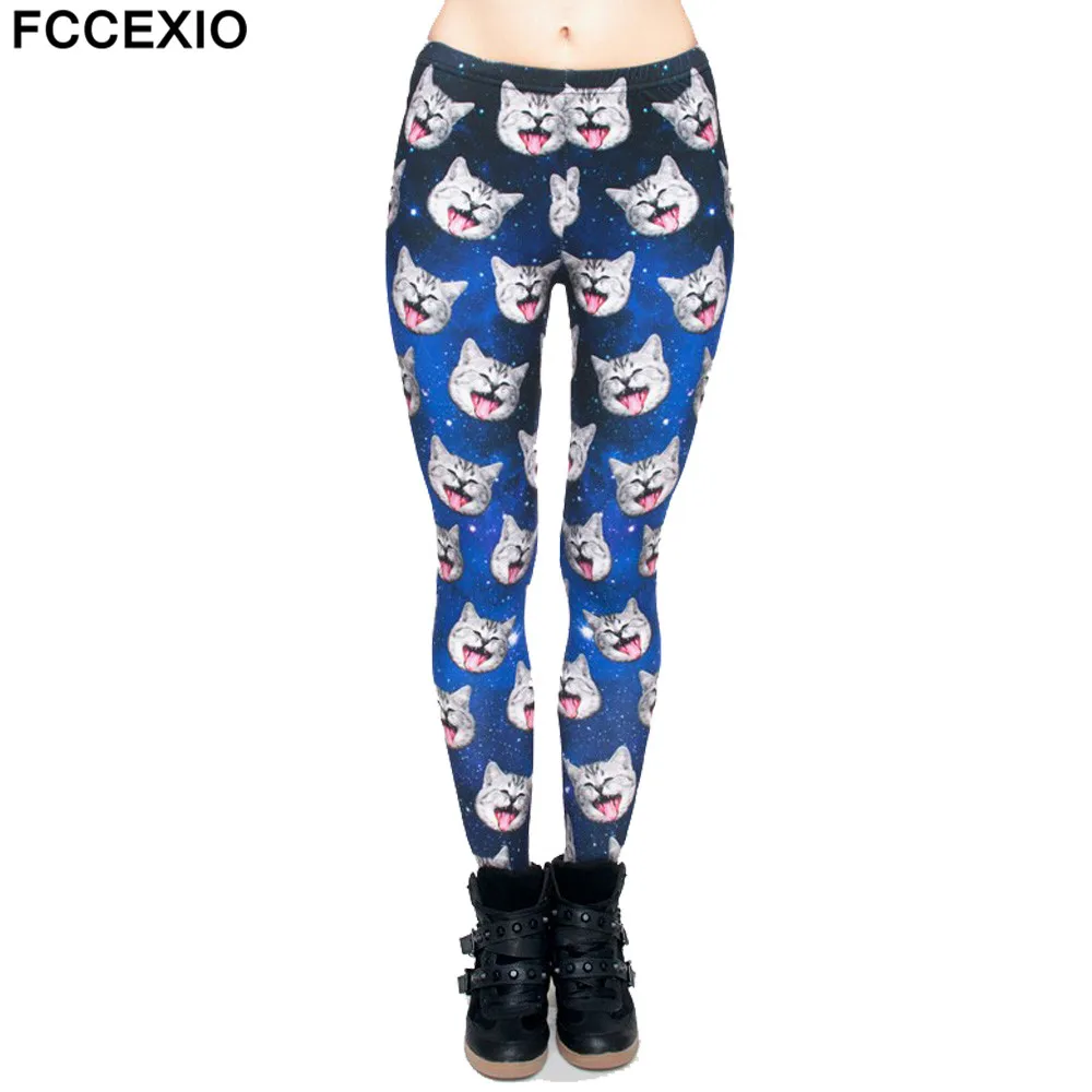 FCCEXIO 2019 Spring New Fashion Women Leggings Galaxy Gray Cat 3D Print Leggins Fitness Legging Sexy Slim High Waist Woman Pants