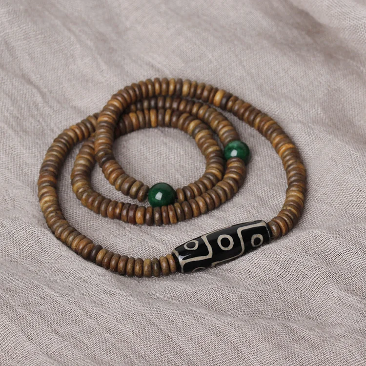 Retro Strand Bracelets Palo Santo Wood and Natural Stone Nine Eyes Dzi Ethnic Style with Green Stone  Vintage Jewelry