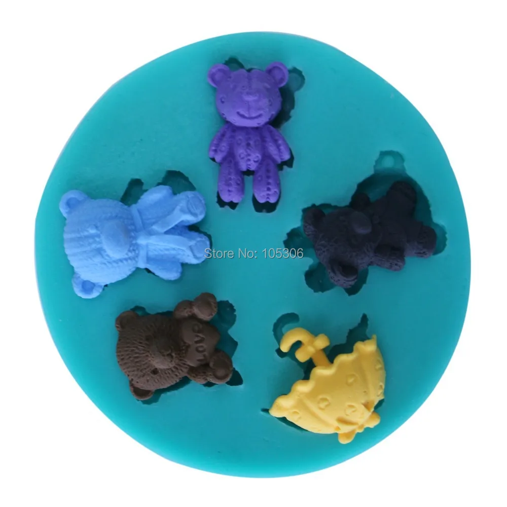 Fondant Silicone Mold 4 Bears 1 Umbrella Form Molds of Silicone for Paste Americana Color Green