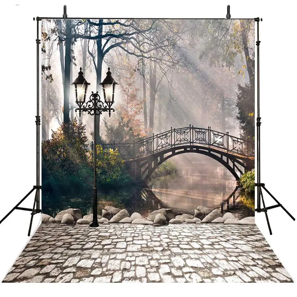 Fall Light Bridge Tree Rock River Park background polyester or Vinyl cloth High quality Computer print wall  backdrops