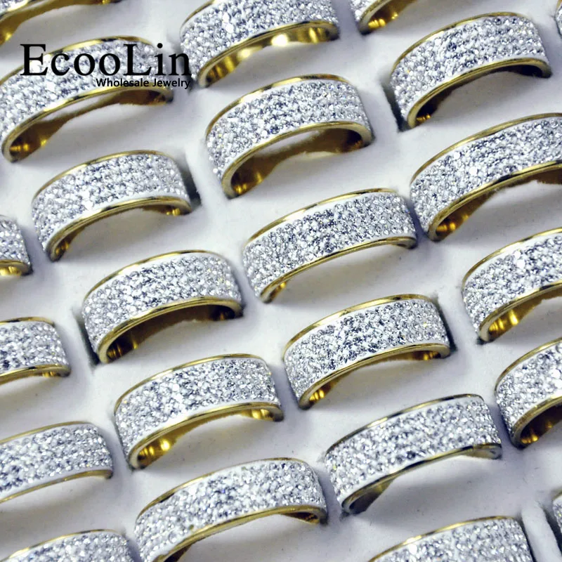 20 50 Pcs / Lot Gold and Silver Color Sky Stars Full Zircon Stainless Steel Rings For Women Fashion Jewelry Lots Bulk LR4034